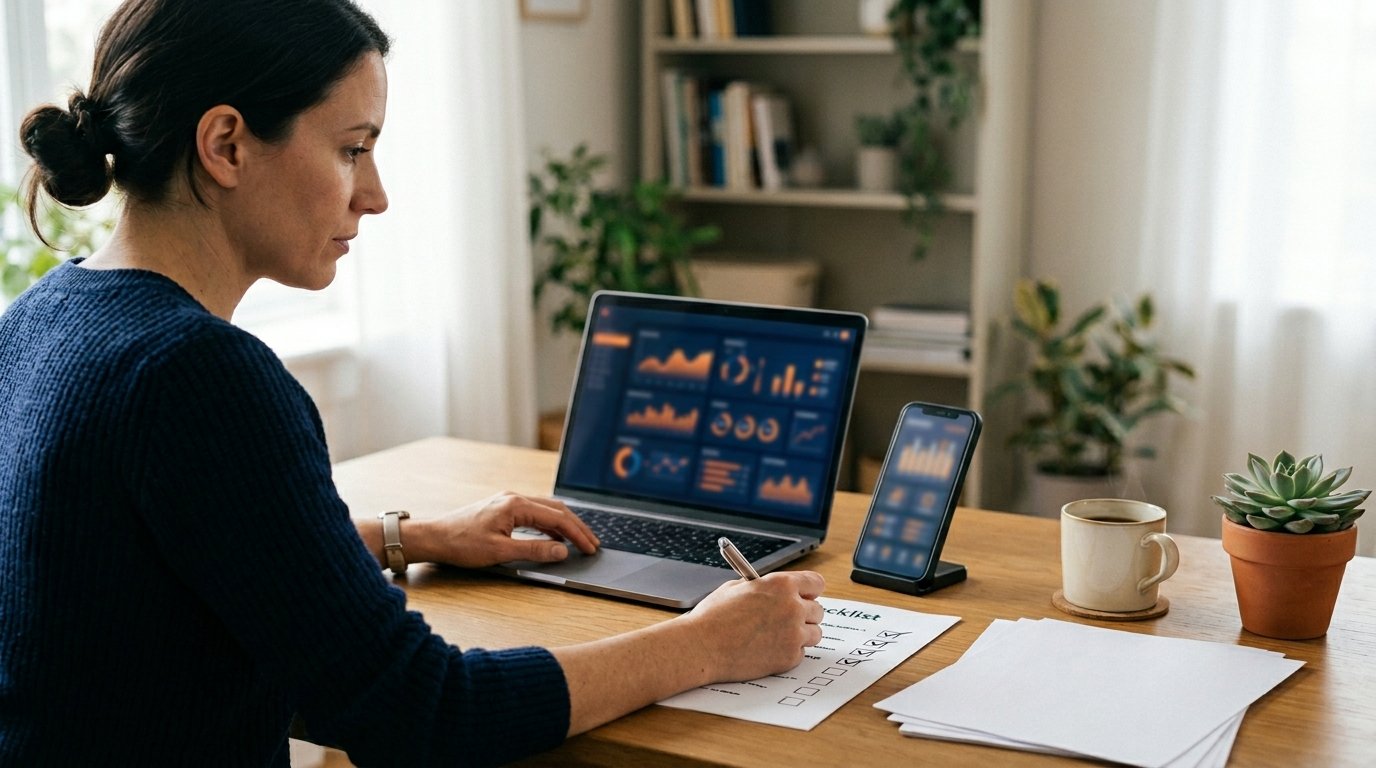 Pessoa comparando simulações de consórcio em laptop e smartphone, com checklist impresso e documentos ao lado — representando o processo de escolher o melhor plano.