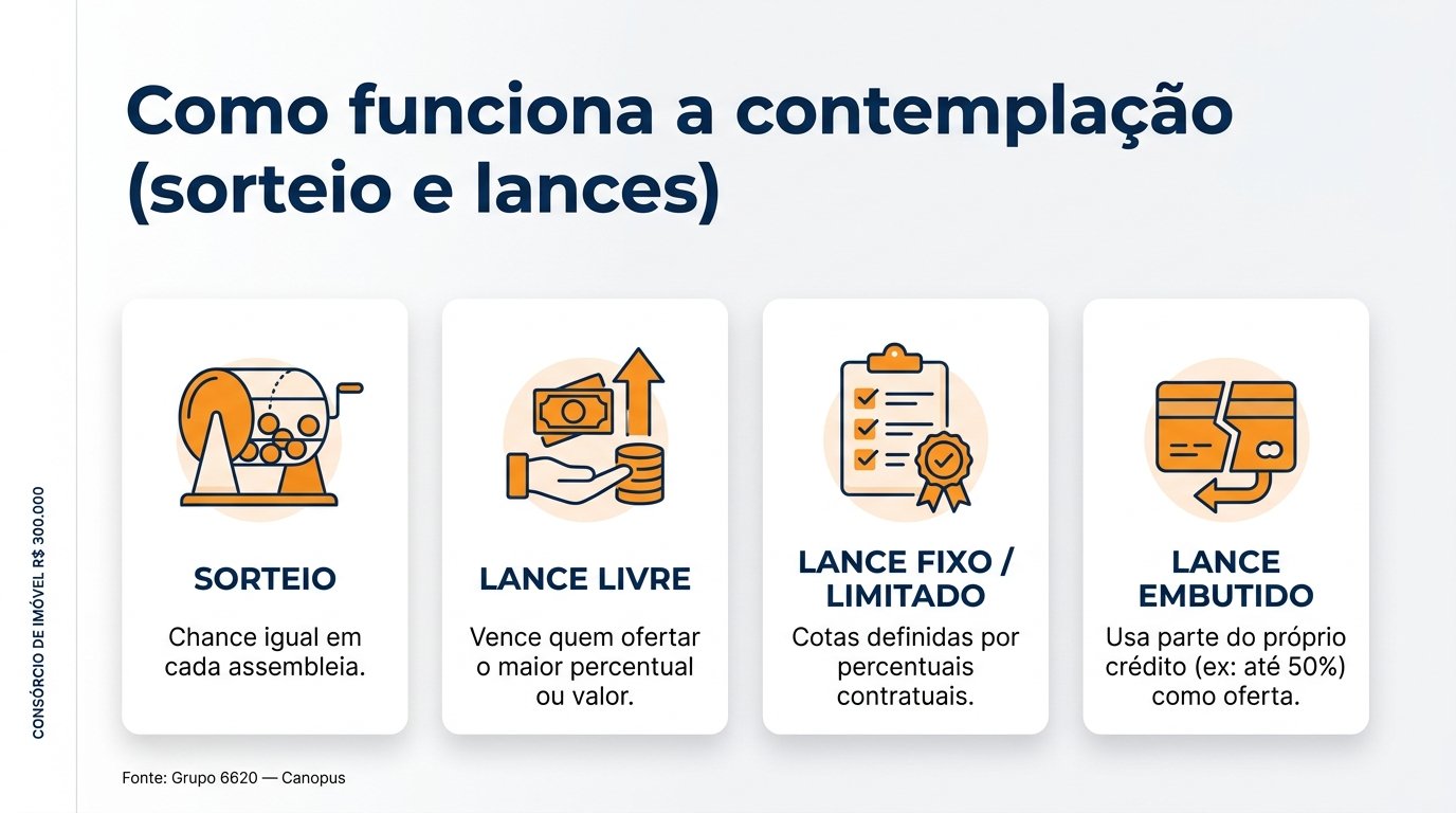 Infográfico explicando as modalidades de contemplação: sorteio, lance livre, lance fixo e lance embutido para consórcio de imóveis.
